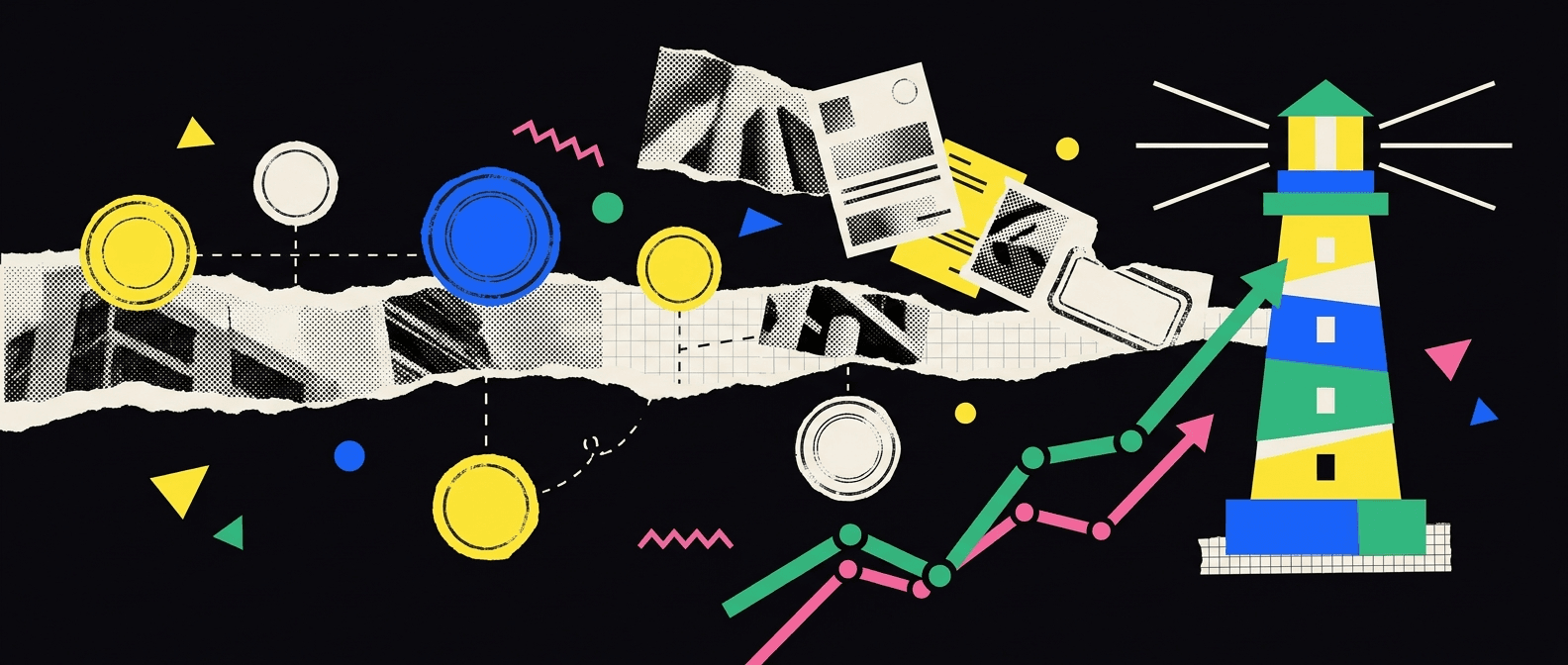 Collage-illustratie van een tijdlijn met mijlpalen en documenten die naar een stralende vuurtoren leiden
