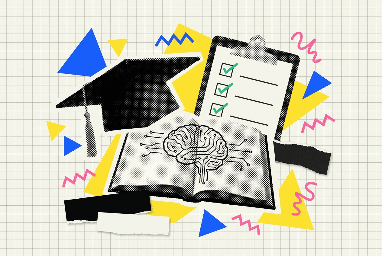 Collage-illustratie met afstudeerpet, open boek, circuitbrein en checklist