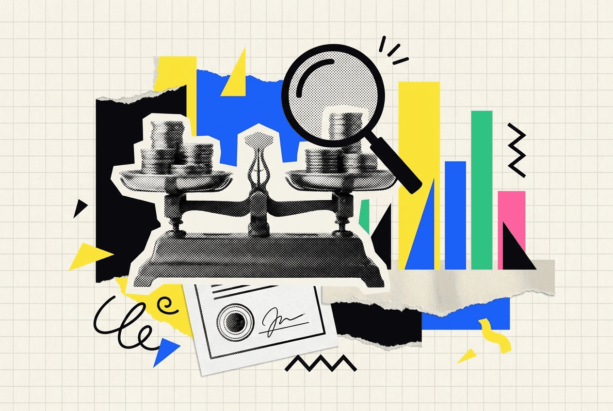 Collage-illustratie met weegschaal met munten, vergrootglas en staafdiagram