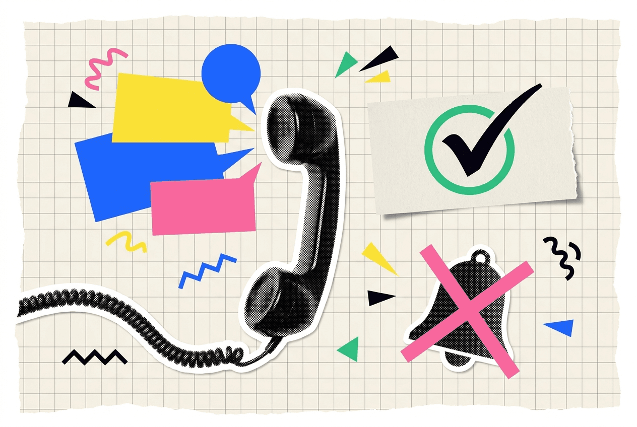 Collage-illustratie met telefoonhoorn, tekstballonnen en toestemmingskaart met vinkje