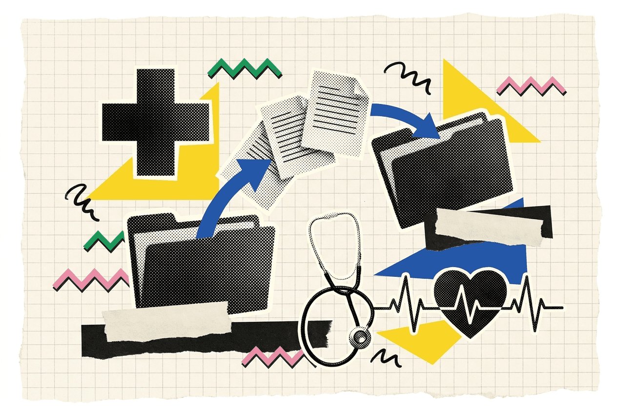 Collage-illustratie met medisch kruis, mappen die documenten uitwisselen en hartslaglijn